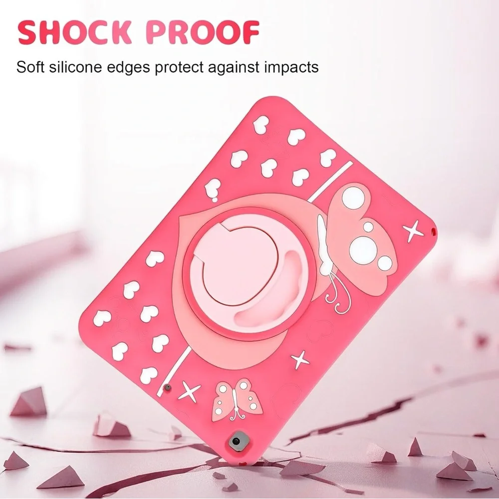 iPad 9th/8th/7th Gen 10.2 Case Kids Pink w/ Strap & Rotating Stand Silicone